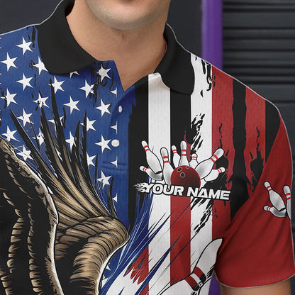 Custom American Flag Eagle Bowling Team Men Polo Shirts, Patriotic US Bowling League Shirt IPHW8753