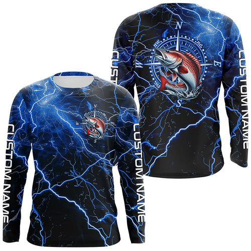 Black And Blue Thunder Lightning Redfish Red Drum Fishing Custom Long Sleeve Saltwater Fishing Shirt IPHW6251