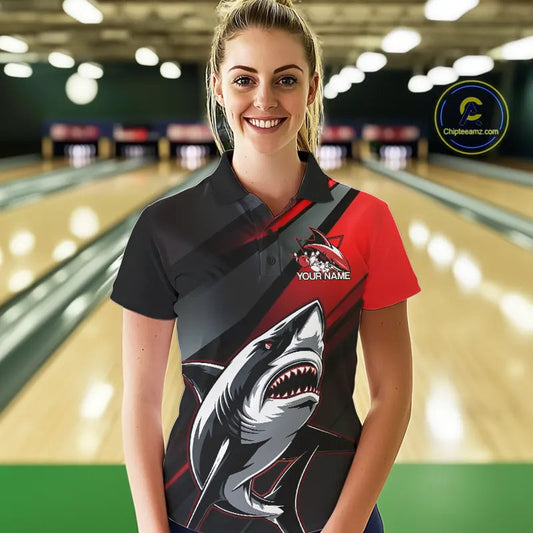 Custom Black And Red Shark Bowling Jerseys, Bowling Team Uniform Shark Women Polo Shirts IPHW8999