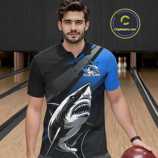 Custom Black And Blue Shark Bowling Jerseys, Bowling Team Uniform Shark Men Polo Shirts IPHW9000