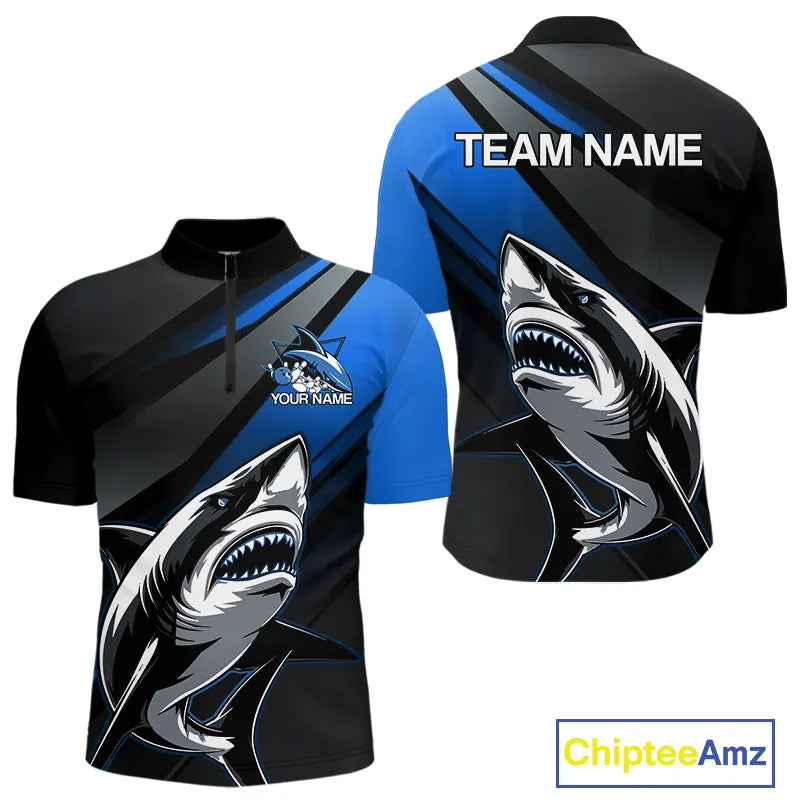 Custom Black And Blue Shark Bowling Jerseys, Bowling Team Uniform Shark Men Quarter-Zip Shirts IPHW9000
