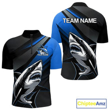 Load image into Gallery viewer, Custom Black And Blue Shark Bowling Jerseys, Bowling Team Uniform Shark Men Quarter-Zip Shirts IPHW9000