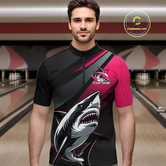 Custom Black And Pink Shark Bowling Jerseys, Bowling Team Uniform Shark Men Quarter-Zip Shirts IPHW9001