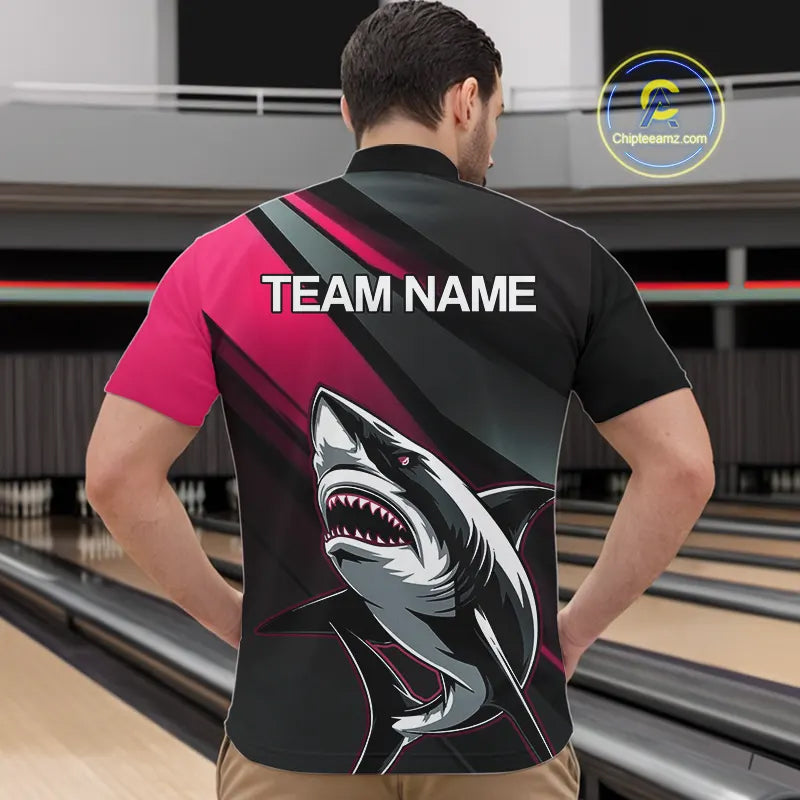 Custom Black And Pink Shark Bowling Jerseys, Bowling Team Uniform Shark Men Quarter-Zip Shirts IPHW9001