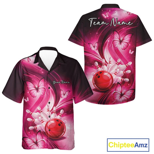 Front and back views of a pink button-up bowling shirt showcasing bowling-themed artwork with butterflies and pins.