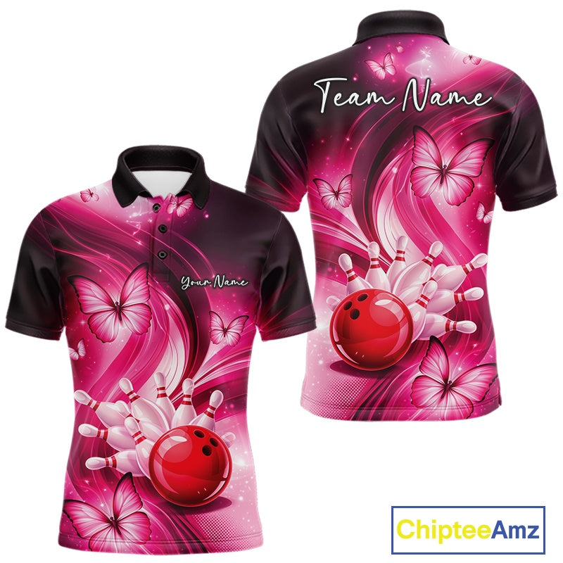 Front and back mens pink bowling polo featuring a bowling ball striking pins with decorative butterflies.