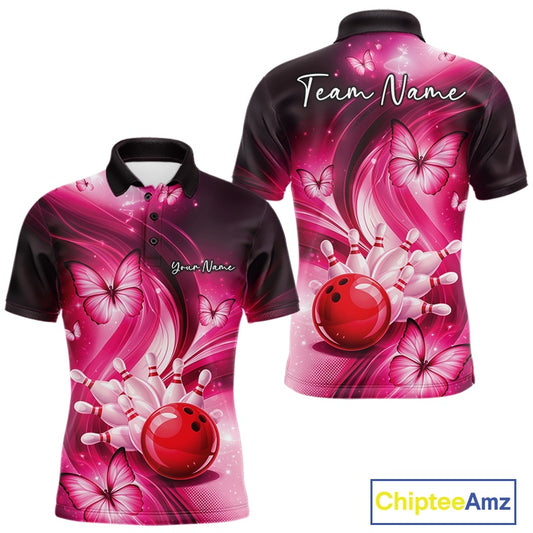 Front and back mens pink bowling polo featuring a bowling ball striking pins with decorative butterflies.