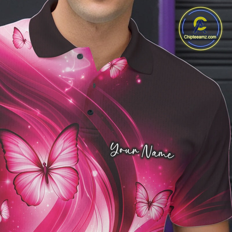 Close-up left chest graphic on a pink bowling polo featuring bowling pins, a bowling ball, and butterflies.