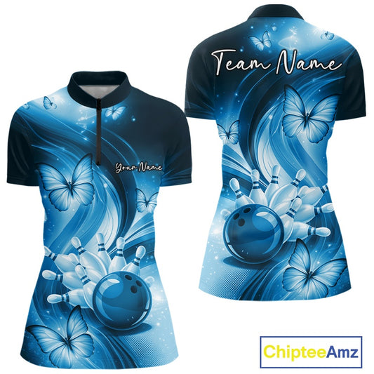 Front and back womens blue bowling quarter-zip with bowling ball striking pins and decorative butterflies.