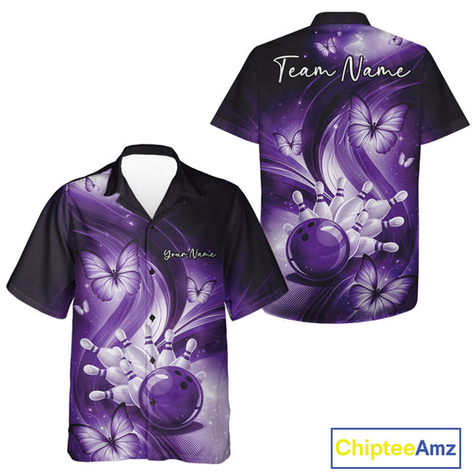 Front and back purple button-up bowling shirt displaying a bowling strike illustration with decorative butterfly graphics.
