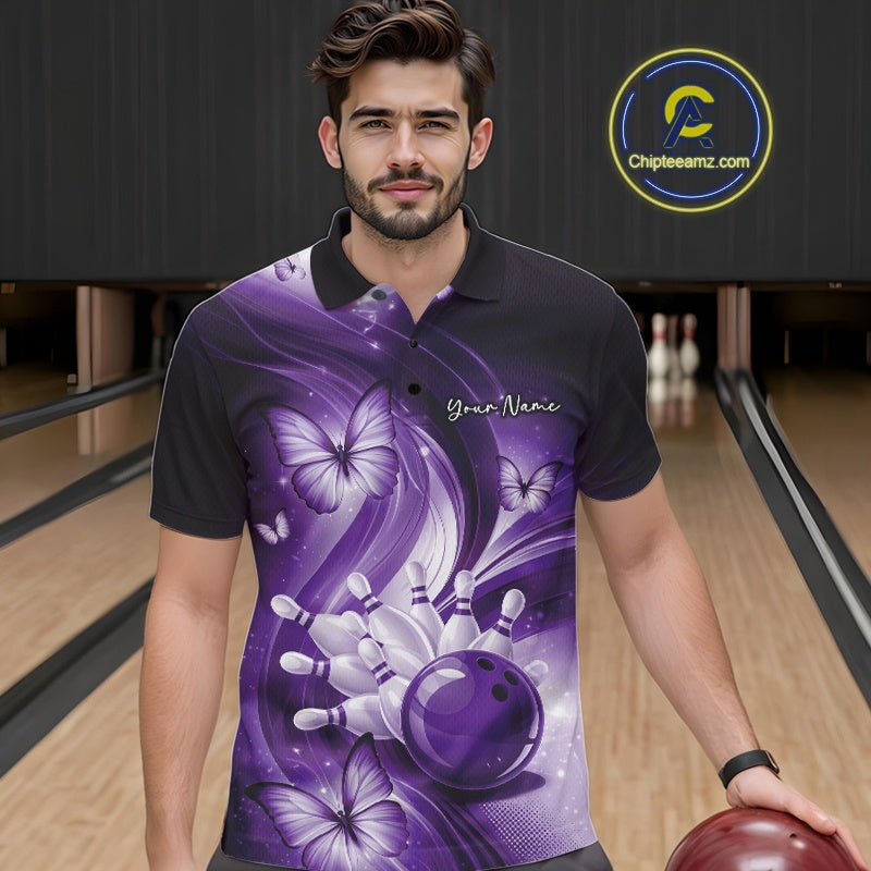 Male model at the bowling lane wearing a purple bowling polo with bowling-themed artwork and butterfly accents.