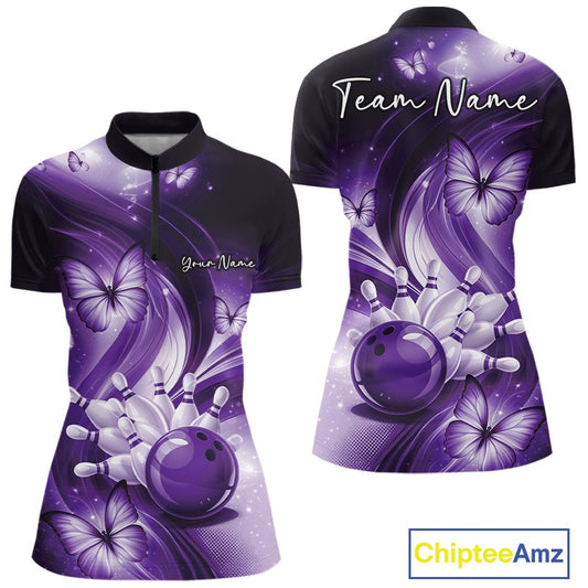 Front and back views of a purple bowling quarter-zip featuring a bowling ball hitting pins with butterfly accents.