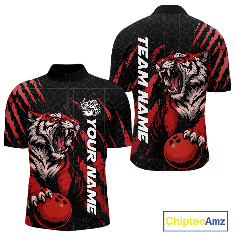 Front and back view of a black and red men's bowling quarter-zip shirt showcasing a roaring tiger holding a red bowling ball with red claw-stripe graphics and a geometric background pattern.
