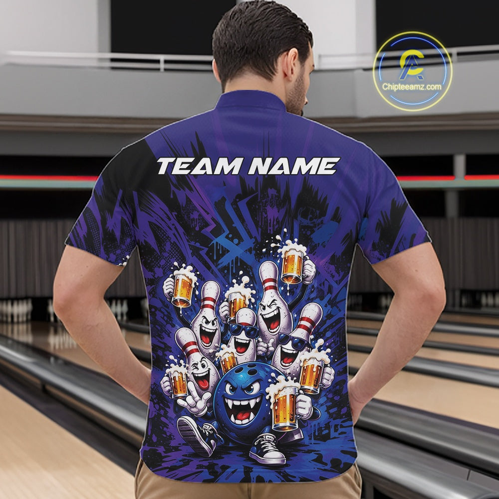 Front view of a male model at a bowling lane wearing a blue and purple bowling quarter-zip shirt decorated with funny bowling pins and a bowling ball holding frothy beer mugs in a playful bowling-themed illustration.