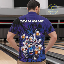 Load image into Gallery viewer, Front view of a male model at a bowling lane wearing a blue and purple bowling quarter-zip shirt decorated with funny bowling pins and a bowling ball holding frothy beer mugs in a playful bowling-themed illustration.