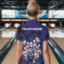Load image into Gallery viewer, Back view of a female model in a bowling lane wearing a blue and purple bowling quarter-zip shirt decorated with playful artwork of funny bowling pins and a bowling ball holding frothy beer mugs.