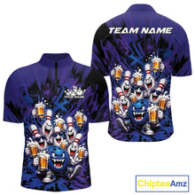 Load image into Gallery viewer, Front and back view of a blue and purple men's bowling quarter-zip shirt featuring funny bowling pins and a bowling ball holding frothy beer mugs in a fun cartoon-style bowling design.