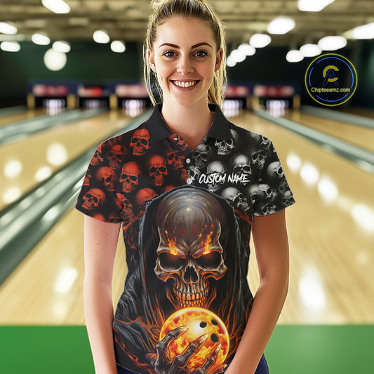 Custom Skull Bowling Mens Polo Shirts Bowling League Team Jerseys Bowling Halloween Outfits IPHW5346