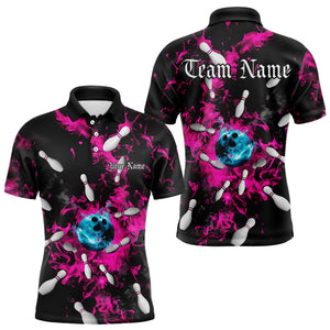 Custom Pink And Black Bowling Polo Shirts For Men, Blue Ball Bowling Team Shirts IPHW8022