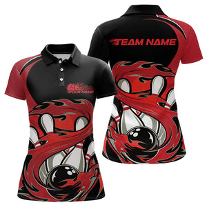 Black And Red Custom Flame Bowling Polo Shirt For Women, Team Bowling Jerseys IPHW8030