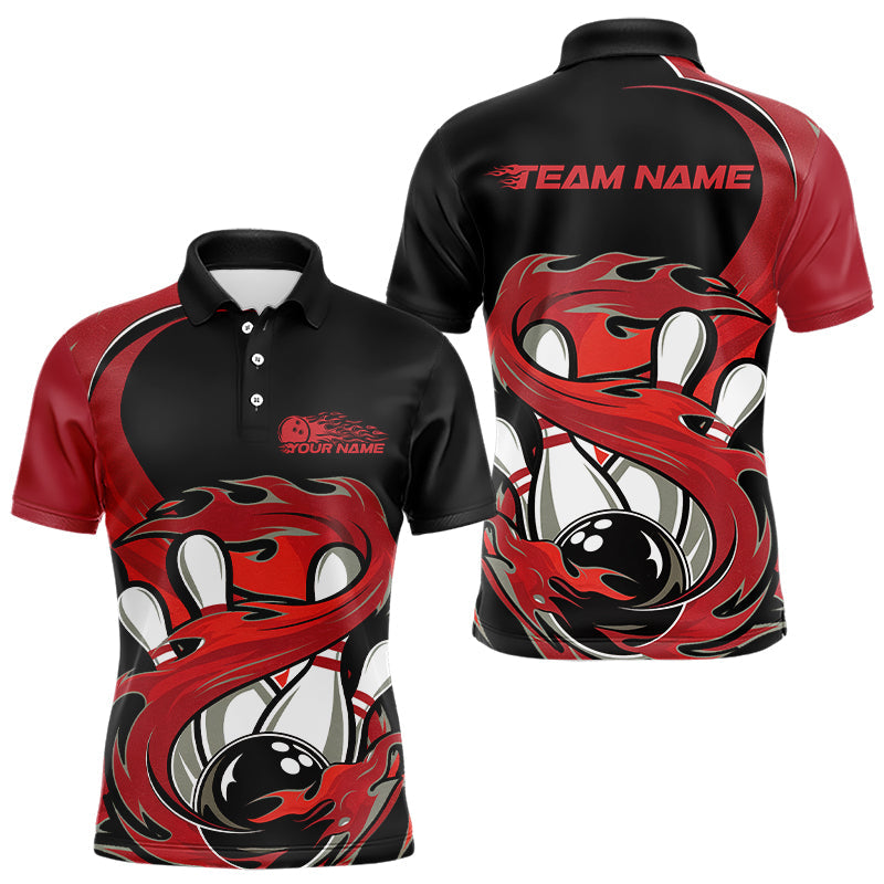 Black And Red Custom Flame Bowling Polo Shirt For Men, Team Bowling Jerseys IPHW8030