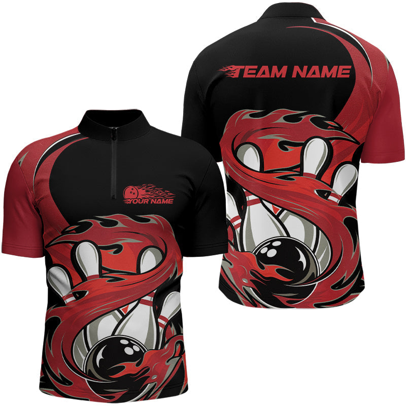 Black And Red Custom Flame Bowling Quarter-Zip Shirt For Men, Team Bowling Jerseys IPHW8030