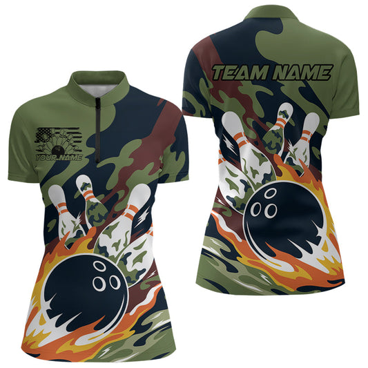 Custom Military Camo Bowling Quarter-Zip Shirts For Women, Patriotic Bowling Team Shirt IPHW8037