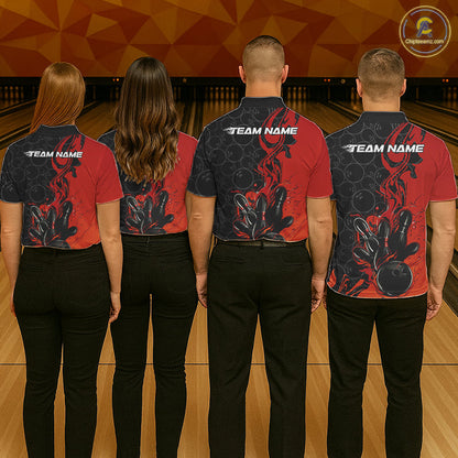 Custom Red Orange Fire Flame Bowling Team Men Polo Shirts, Bowling League Shirt IPHW10184