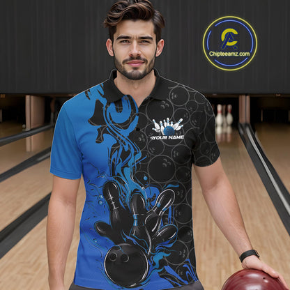 Custom Black And Blue Fire Flame Bowling Team Men Polo Shirts, Bowling League Shirt IPHW10185