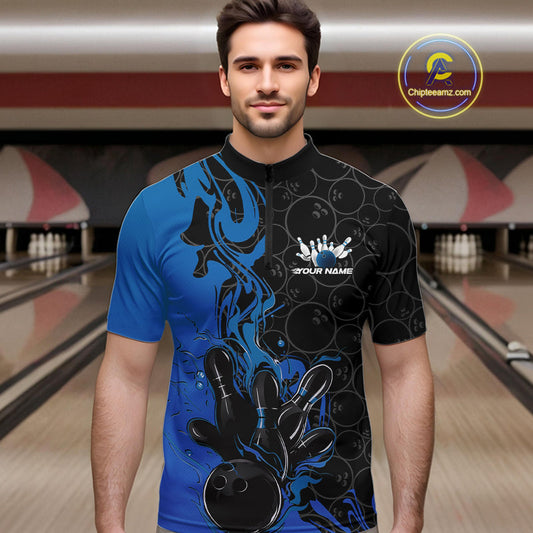 Custom Black And Blue Fire Flame Bowling Team Men Quarter-Zip Shirts, Bowling League Shirt IPHW10185
