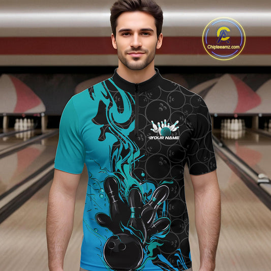 Custom Black And Blue Fire Flame Bowling Team Men Quarter-Zip Shirts, Bowling League Shirt IPHW10186