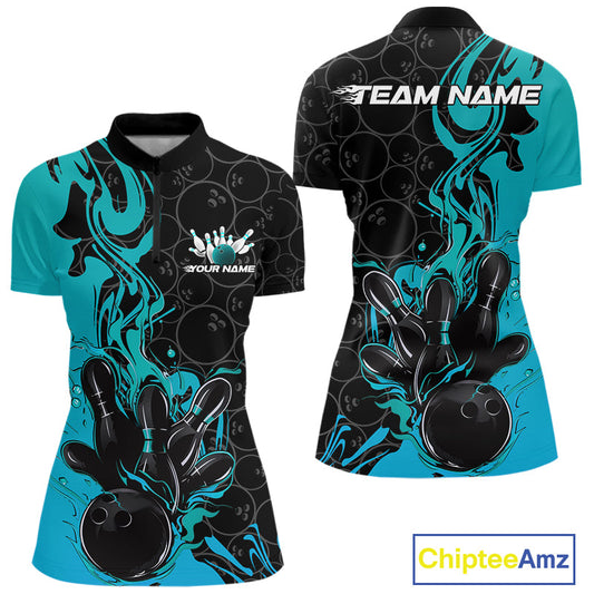 Custom Black And Blue Fire Flame Bowling Women Quarter-Zip Shirts, Bowling League Shirt IPHW10186