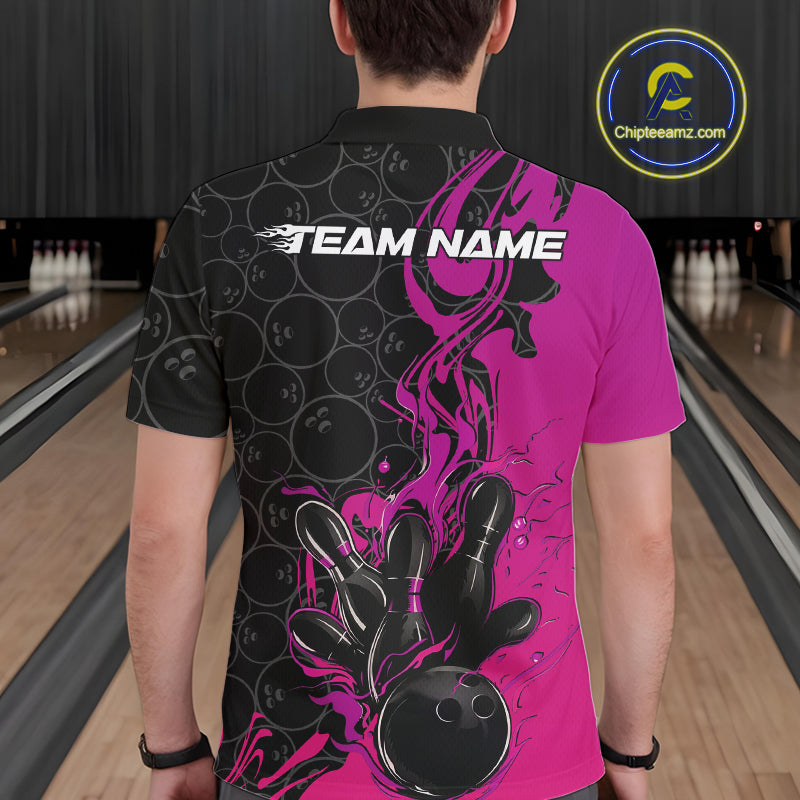 Custom Pink Purple Fire Flame Bowling Team Men Polo Shirts, Bowling League Shirt IPHW10187