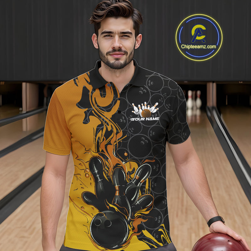 Custom Black And Gold Flame Bowling Team Men Polo Shirts, Yellow Bowling League Shirt IPHW10188