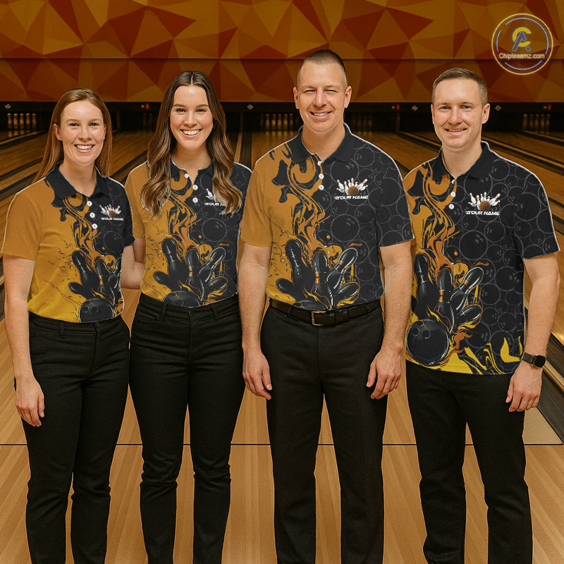 Custom Black And Gold Flame Bowling Team Men Polo Shirts, Yellow Bowling League Shirt IPHW10188