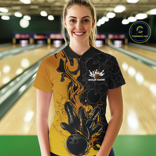 Custom Black And Gold Flame Bowling Team Women Quarter-Zip Shirts, Bowling League Shirt IPHW10188