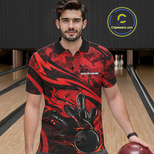 Custom Red Camo Flame Bowling Men Polo Shirts, Camouflage Bowling Team Jerseys IPHW10344