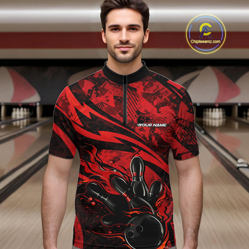 Custom Red Camo Flame Bowling Men Quarter-Zip Shirts, Camouflage Bowling Team Jerseys IPHW10344