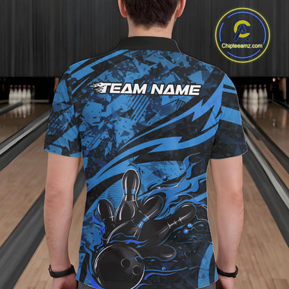 Custom Blue Camo Flame Bowling Men Polo Shirts, Camouflage Bowling Team Jerseys IPHW10345