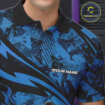 Custom Blue Camo Flame Bowling Men Polo Shirts, Camouflage Bowling Team Jerseys IPHW10345