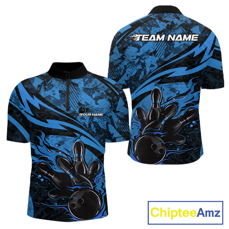 Custom Blue Camo Flame Bowling Men Quarter-Zip Shirts, Camouflage Bowling Team Jerseys IPHW10345