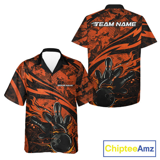 Custom Orange Camo Flame Bowling Men And Women Hawaiian Shirts, Camouflage Bowling Team Jerseys IPHW10347