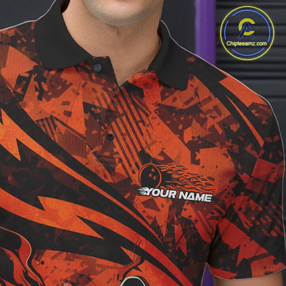 Custom Orange Camo Flame Bowling Men Polo Shirts, Camouflage Bowling Team Jerseys IPHW10347