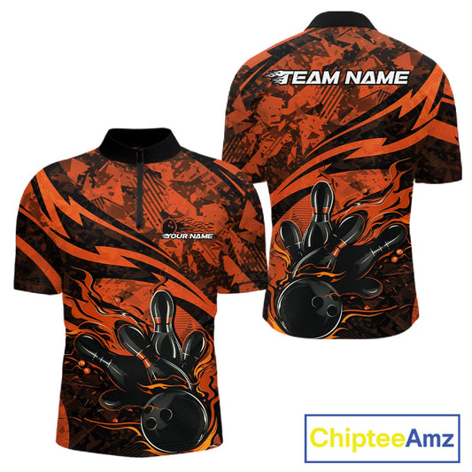 Custom Orange Camo Flame Bowling Men Quarter-Zip Shirts, Camouflage Bowling Team Jerseys IPHW10347