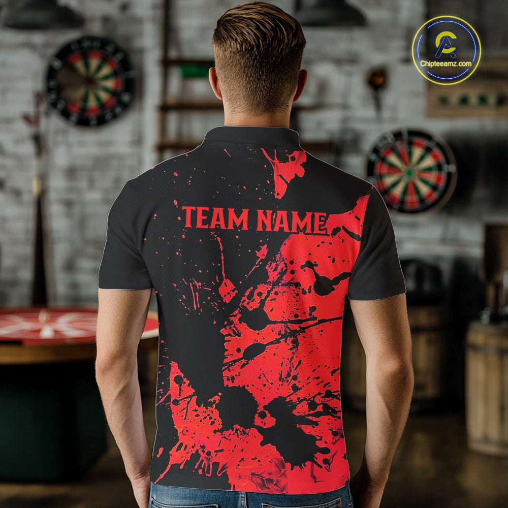 Custom Name Black And Red Splatter Darts Shirts For Men, Dart Team League Shirts IPHW10623