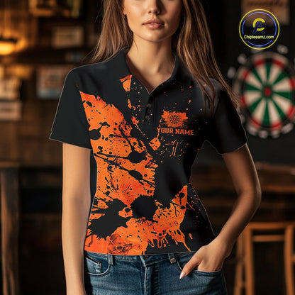 Custom Name Black And Orange Splatter Darts Shirts For Women, Dart Team League Shirts IPHW10624