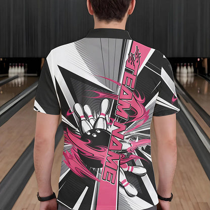 Custom Black And Pink Strike Bowling Men Polo Shirts, Bowling Team League Shirt With Name IPHW8758