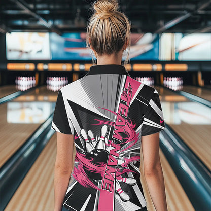 Custom Black And Pink Strike Bowling Women Polo Shirts, Bowling Team League Shirt With Name IPHW8758
