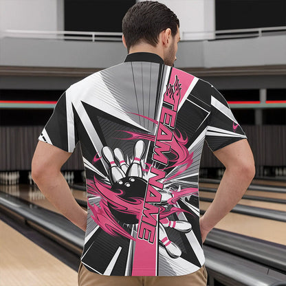 Custom Black And Pink Strike Bowling Men Quarter-Zip Shirts, Bowling Team League Shirt With Name IPHW8758
