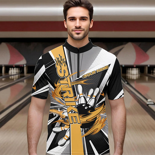 Custom Black And Yellow Strike Bowling Men Quarter-Zip Shirts, Bowling Team League Shirt With Name IPHW8759